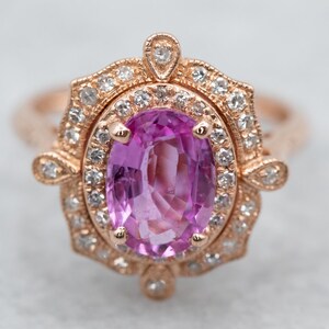 Pink Sapphire Rose Gold Halo Ring, Pink Sapphire and Diamond Ring, Pink Sapphire Jewelry, Sapphire Anniversary, Modern Halo Ring A17251