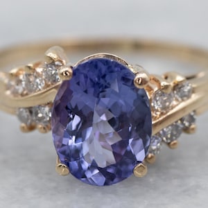 Vintage Tanzanite and Diamond Ring, Tanzanite Bypass Ring, Yellow Gold Tanzanite Ring, Anniversary Ring, Right Hand Ring A11570