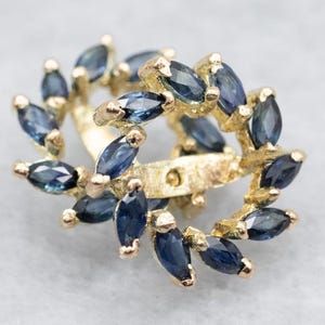 May include: A pair of gold earrings featuring a cluster of marquise-shaped blue sapphires. The earrings are crafted in a delicate, floral design.