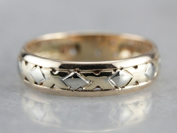 Vintage 14K Gold Patterned Wedding Band, Two Tone… - image 1