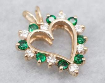 Sweetheart Diamond and Emerald Pendant, Diamond Halo Pendant, Layering Pendant, Anniversary Gift, Gold Pendant, Heart Jewelry, A22069