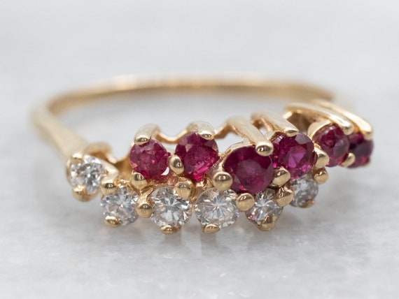 14K Yellow Gold Diamond Ruby Bypass Ring, Size 6.… - image 1