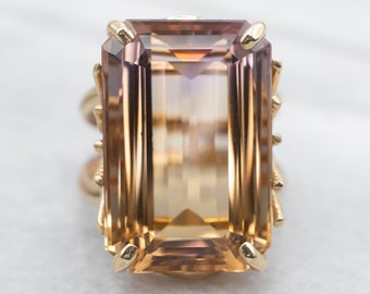 14K Gold Ametrine Cocktail Ring, Emerald Cut Gemstone