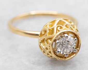 18K Yellow Gold Diamond Solitaire Engagement Ring, Ornate Basket