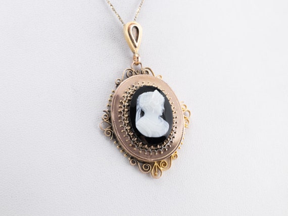 Onyx Cameo Gold Pendant, Antique Conversion Penda… - image 8