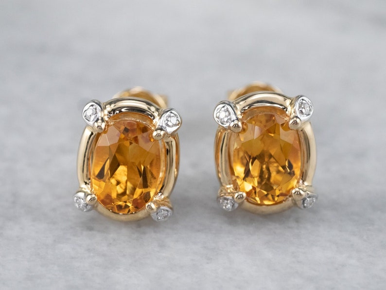 Citrine and Diamond Stud Earrings, Oval Citrine Stud Earrings, Yellow Gold Earrings, November Birthstone, Gemstone Stud Earrings JLNTVRXH image 1