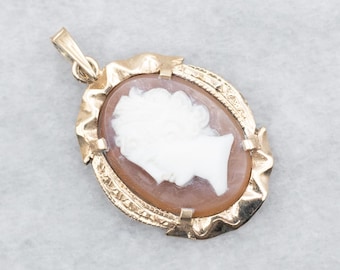 Vintage 14K Yellow Gold Shell Cameo Pendant, Victorian Revival
