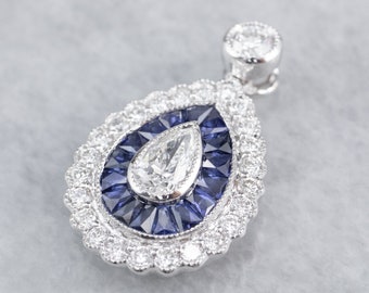 Diamond Sapphire White Gold Pendant, Teardrop Pendant, Bridal Jewelry, Anniversary Gift, Gift for Her, C026WKPH