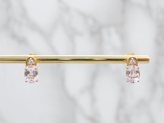 Yellow Gold Kunzite Stud Earrings with Diamond Ac… - image 5