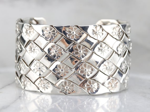 Wide Sterling Silver Cuff Bracelet, Floral Cuff B… - image 1