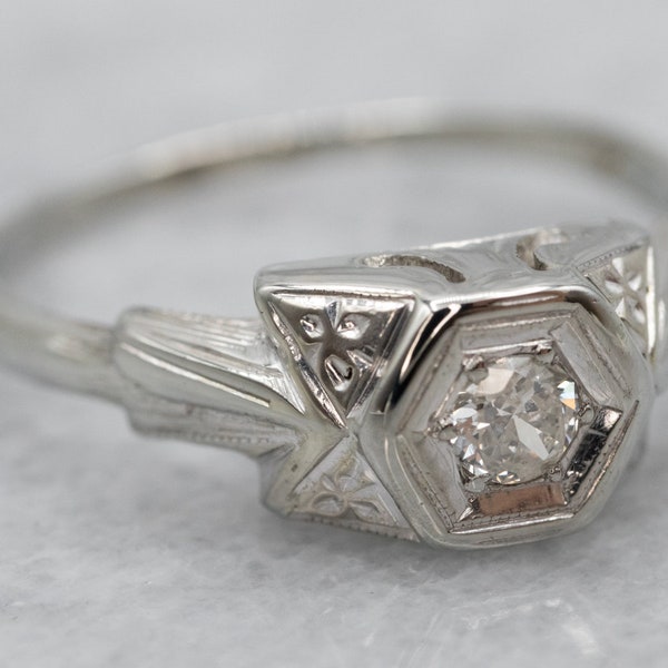Floral Art Deco Old Mine Cut Diamond Ring, Antique Cut Diamond Ring, Art Deco Diamond Engagement Ring, White Gold Diamond Solitaire A12570