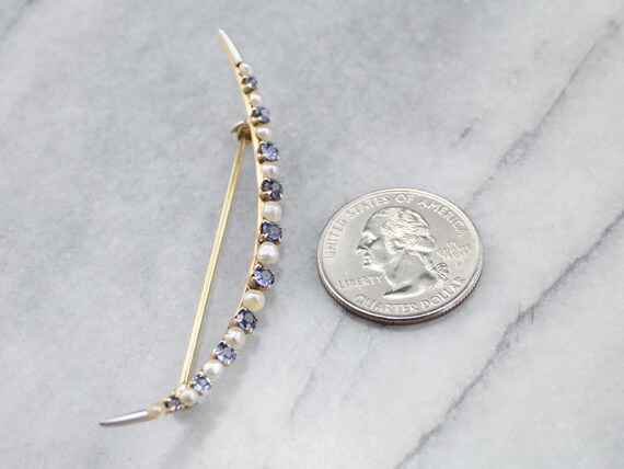 Crescent Moon Sapphire and Pearl Brooch, Yellow G… - image 10