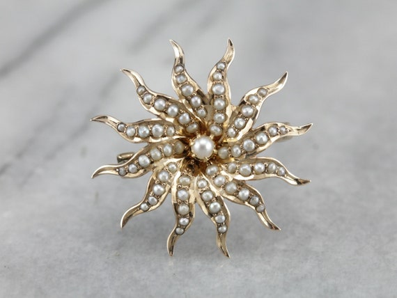 Antique Seed Pearl Starburst Brooch, Victorian Pe… - image 1