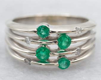 Multi Stacked Emerald Diamond Ring, White Gold Emerald Ring, Emerald Stacking Ring, Emerald Jewelry, Statement Band A22836