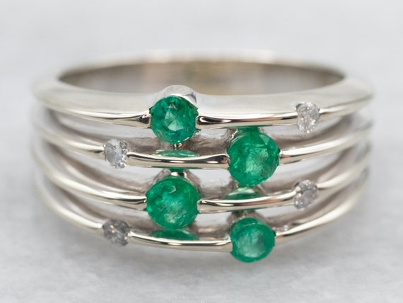 Multi Stacked Emerald Diamond Ring, White Gold Em… - image 1