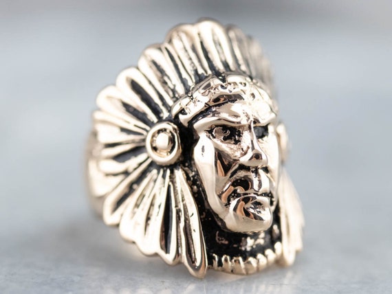 14K Yellow Gold Native American Chief Ring, Size 8 - image 3