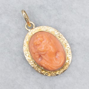 Floral Carved Coral Cameo Pendant, 14K Yellow Gold