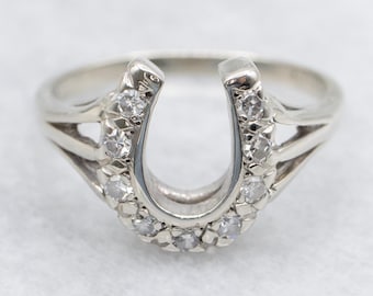 14K White Gold Diamond Horseshoe Ring, Lucky Statement Ring