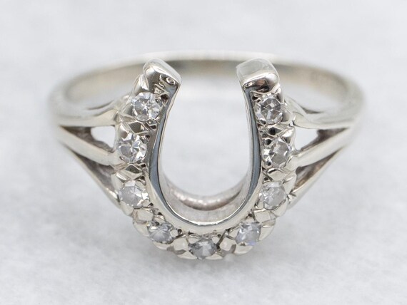 14K White Gold Diamond Horseshoe Ring, Lucky Stat… - image 1