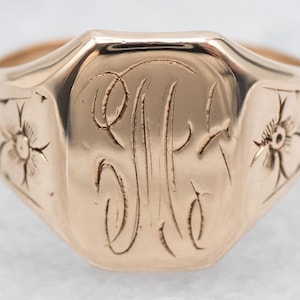Antique Rose Gold Signet Ring, M Monogrammed Ring, Victorian Signet Ring, Floral Signet Ring, Birthday Gift, Ladies Signet Ring A47281