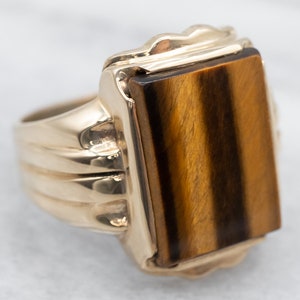Yellow Gold Tiger&#39;s Eye Cocktail Ring, Tiger&#39;s Eye Jewelry, Cabochon Ring, Unisex Ring, Birthday Gift, A25174