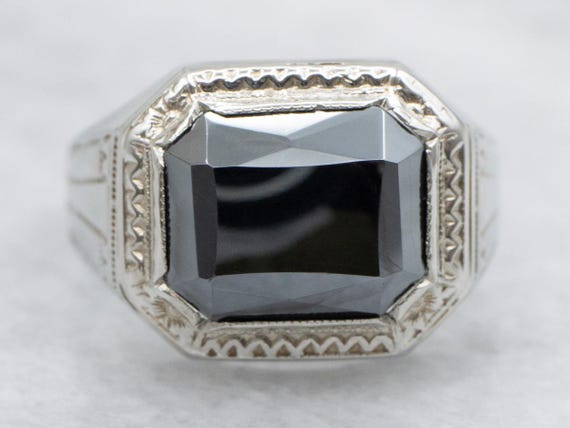 14K White Gold Hematite Ring, Emerald Cut, Retro … - image 2