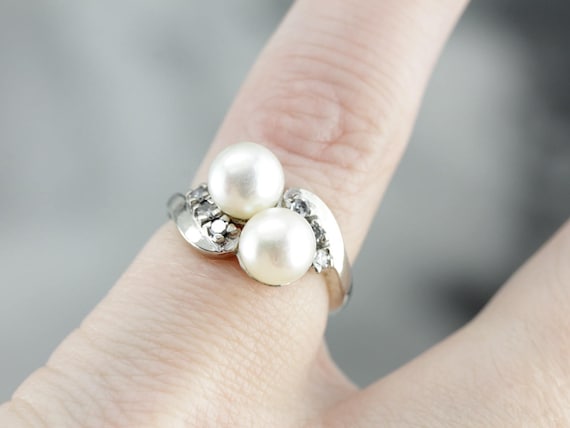 Vintage Toi et Moi Pearl Bypass Ring, Vintage Pea… - image 4