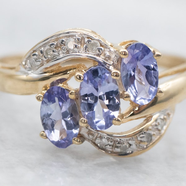 Vintage Tanzanite and Diamond Ring, Tanzanite Bypass Ring, Three Stone Gold Tanzanite Ring, Anniversary Ring, Right Hand Ring A35884