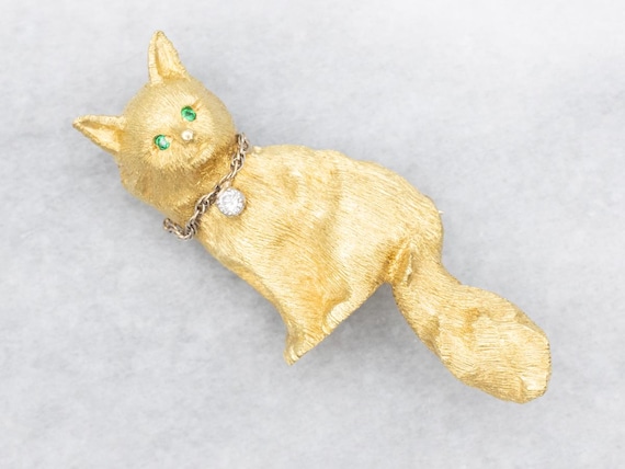 18K Gold Cat Brooch, Emerald Eyes, Diamond Collar - Etsy