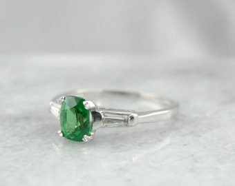 Rare Tsavorite Garnet Engagement Ring in White Gold Retro Style Mounting 26L4CV-N