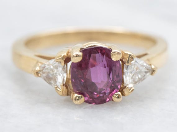 14K Yellow Gold Ruby Ring, Trillion Cut Diamond A… - image 2