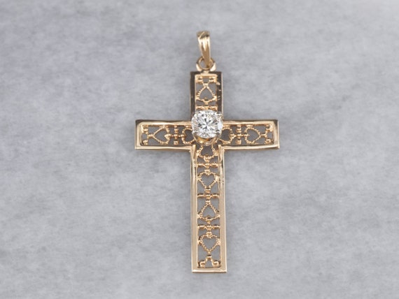 Diamond Filigree Cross, Yellow Gold Diamond Cross… - image 2
