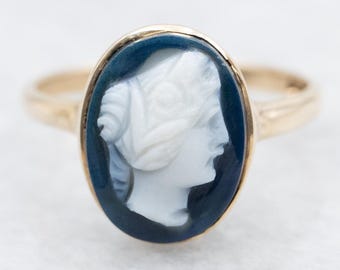 14K Gold Blue Cameo Ring, Oval Bezel Set