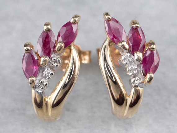 Marquise Ruby and Diamond Earrings, Yellow Gold S… - image 1