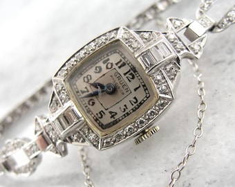Orologio da donna Art Deco Gruen in platino e diamanti, prodotto in Svizzera