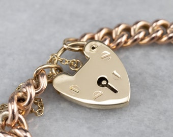 Vintage 9ct Rose Gold Heart Lock Curb Chain Bracelet