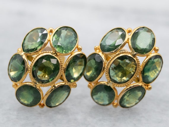 Green Sapphire Cluster Stud Earrings, Yellow Gold… - image 1