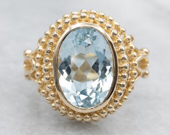 14K Yellow Gold Aquamarine Beaded Ring, 5.82 Carats