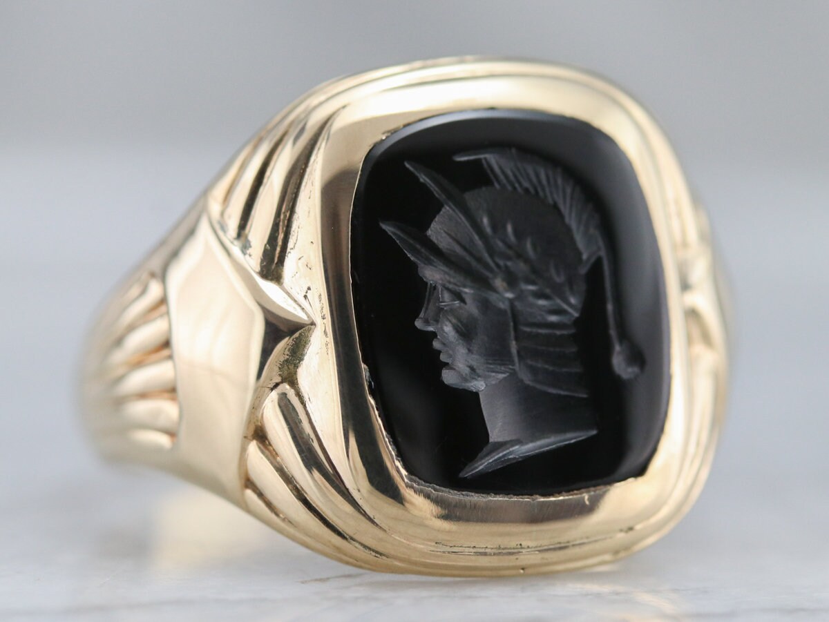 Men S Black Onyx Intaglio Ring Retro Era Onyx Ring Etsy