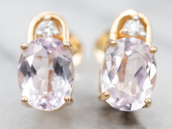 Yellow Gold Kunzite Stud Earrings with Diamond Ac… - image 2