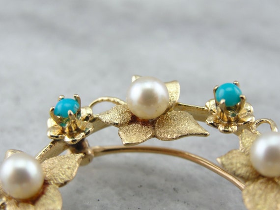 Art Nouveau Leaf, Pearl and Turquoise Circle Pin … - image 3