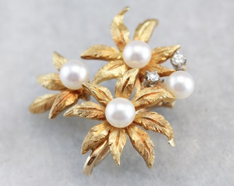Vintage Floral Pearl Gold Scarf Clip Pendant, Bridal Jewelry, June Birthstone