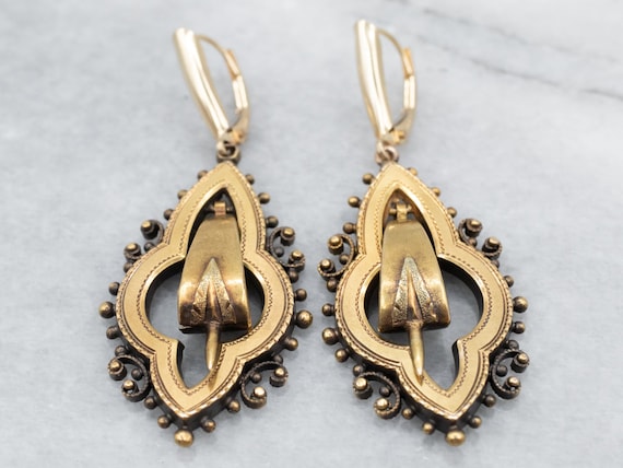 Etruscan Revival Gold Drop Earrings, Victorian Dr… - image 1