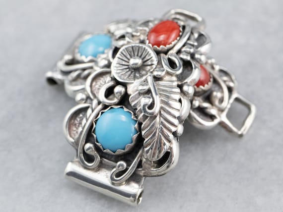 Vintage Sterling Silver Turquoise Coral Watch Tips, Native  display picture 3
