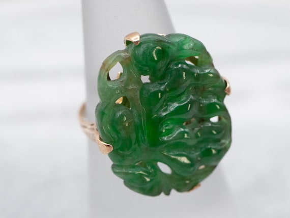 Vintage Carved Jade Cocktail Ring, Botanical Jade… - image 3