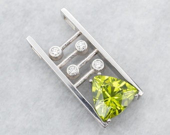 Modernist Trillion Cut Peridot Diamond Pendant, 14K White Gold