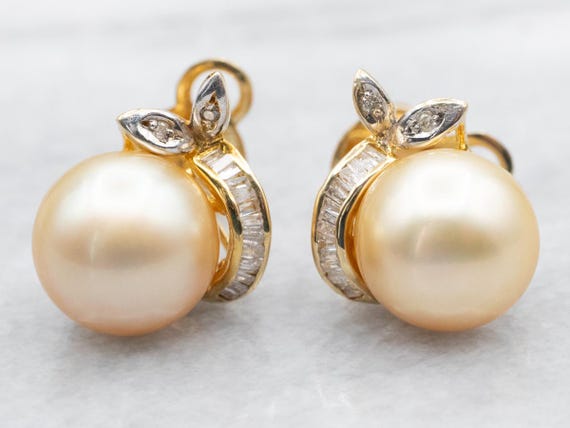 14K Gold Pearl Diamond Stud Earrings
