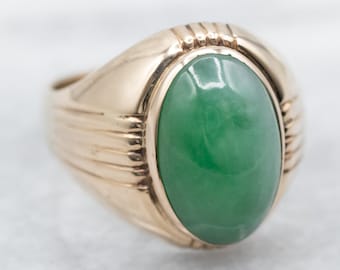 Vintage 14K Gold Jade Cabochon Ring, Retro Ära