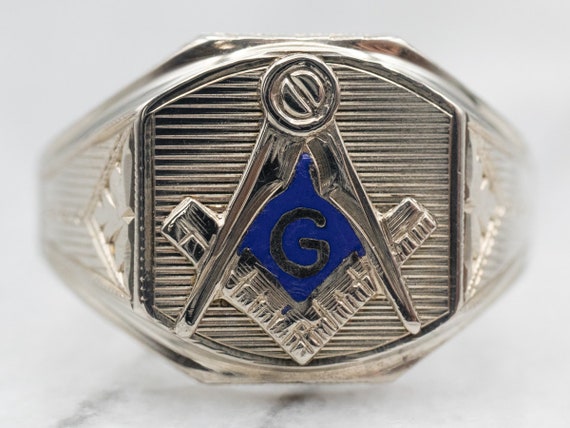 White Gold Blue Enamel Masonic Ring, Vintage Maso… - image 1