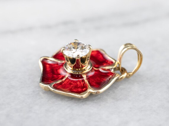 Diamond Poppy Flower Pendant, Gold and Enamel Pen… - image 4